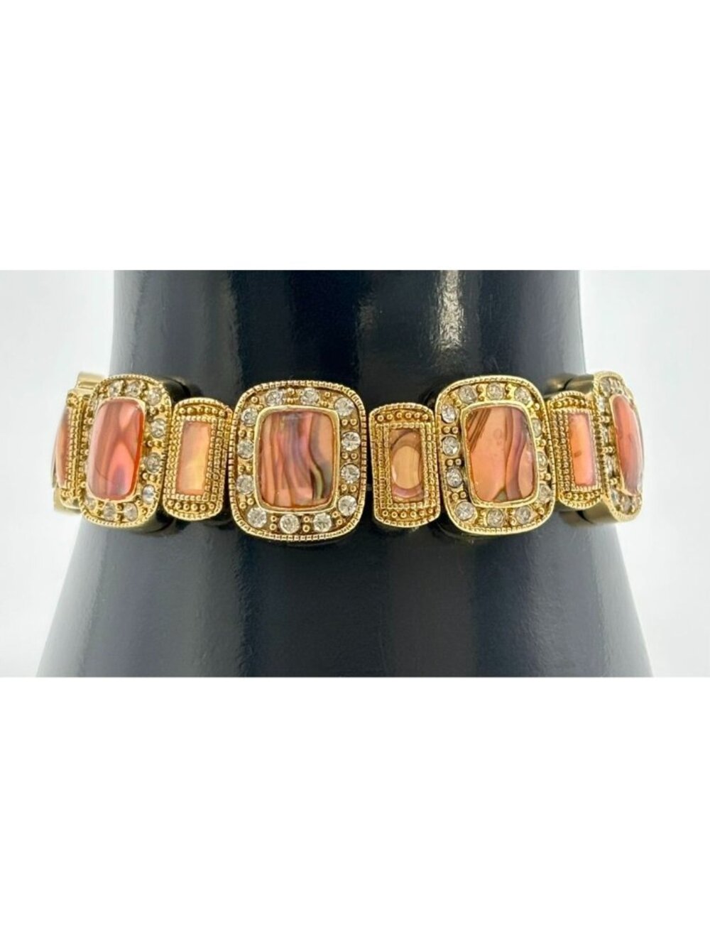 Lia Sophia Peach/Pink Abalone Shell Rhinestone Stretch Bracelet Gold Tone 7 Inch